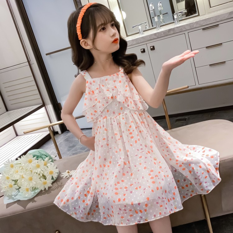 New girls' small dresses, boutique Korean children's clothing, big boys and girls, color dot chiffon dresses, lovely temperament, comfortable, cool and breathable