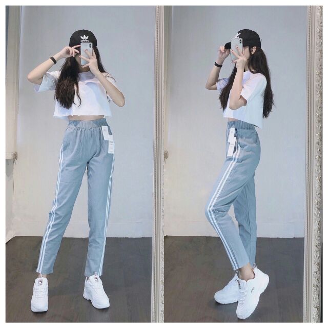 Quần dài kaki nữ 2 sọc thể thao lưng thun