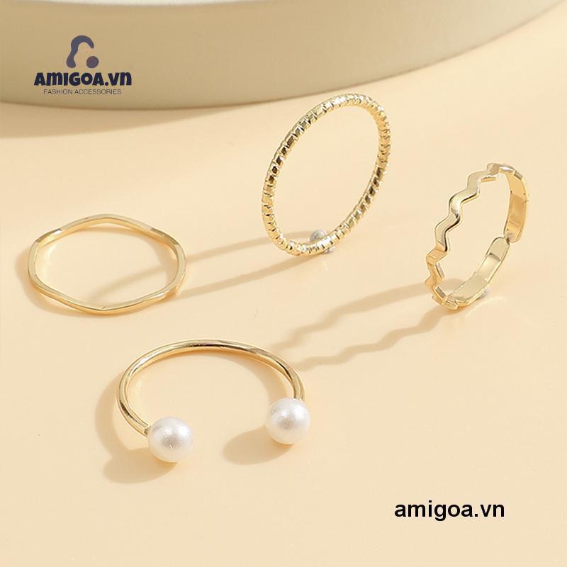 ✨✨Bộ 4 nhẫn đeo tay đính hạt ngọc trai kiểu dáng đơn giản phong cách Hàn Quốc