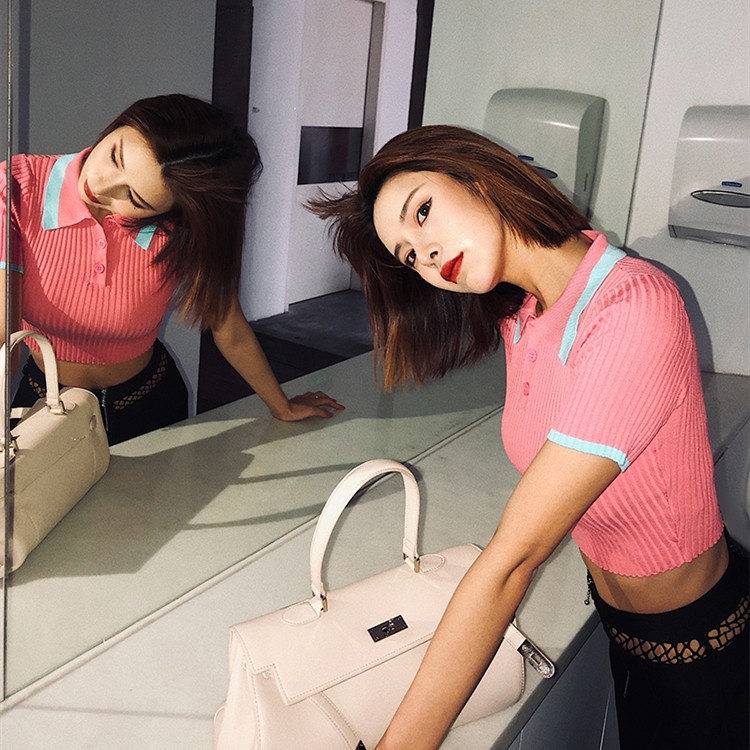 SUXI Áo Thun Croptop Dệt Kim Phối Nút Màu Tương Phản Kiểu Hàn Quốc Cá Tính