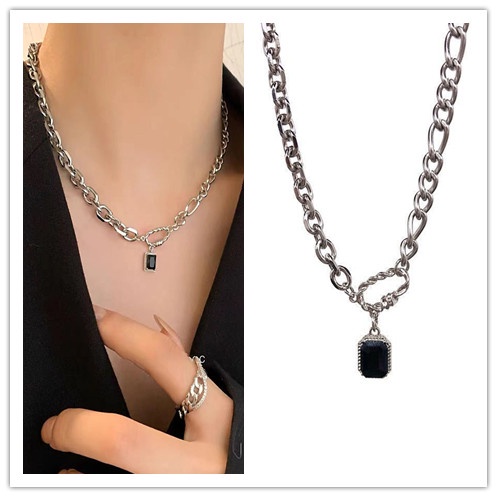 Vòng cổ Thép Titan Đính Đá zircon Đen Sang Trọng Cho Nữ