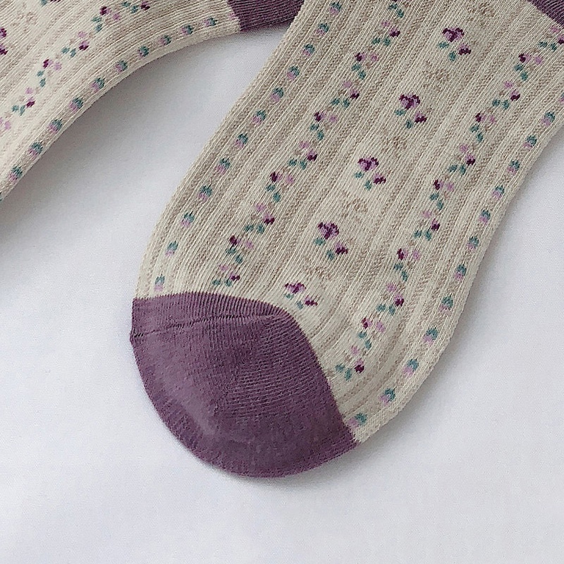 Vớ ngắn cotton họa tiết hoa kẻ sọc màu tím khoai môn dễ thương lãng mạn ấm áp thời trang thu đông