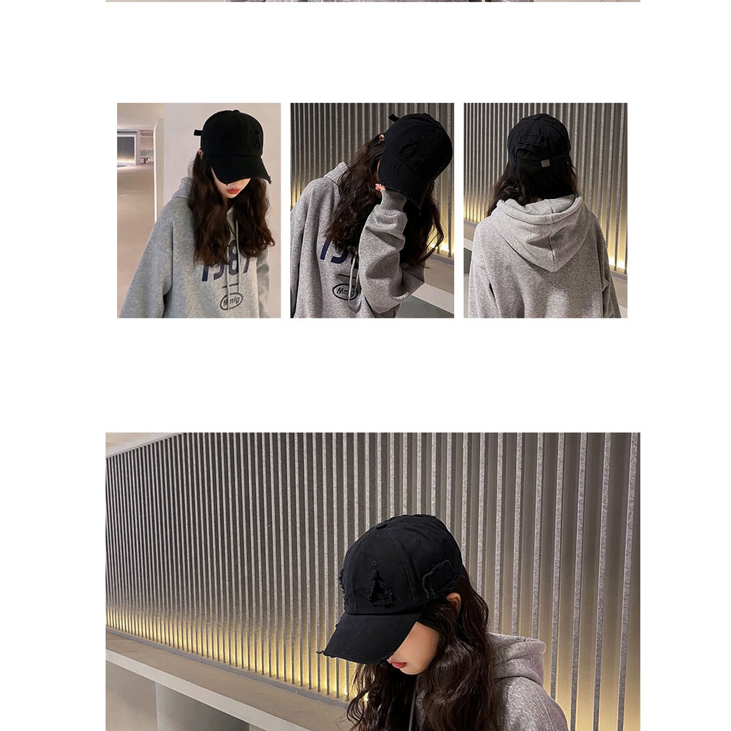 Mũ lưỡi trai bóng chày chống nắng màu trơn phối lỗ rách kín phong cách hip hop Hàn Quốc thời trang mùa hè cho nam nữ