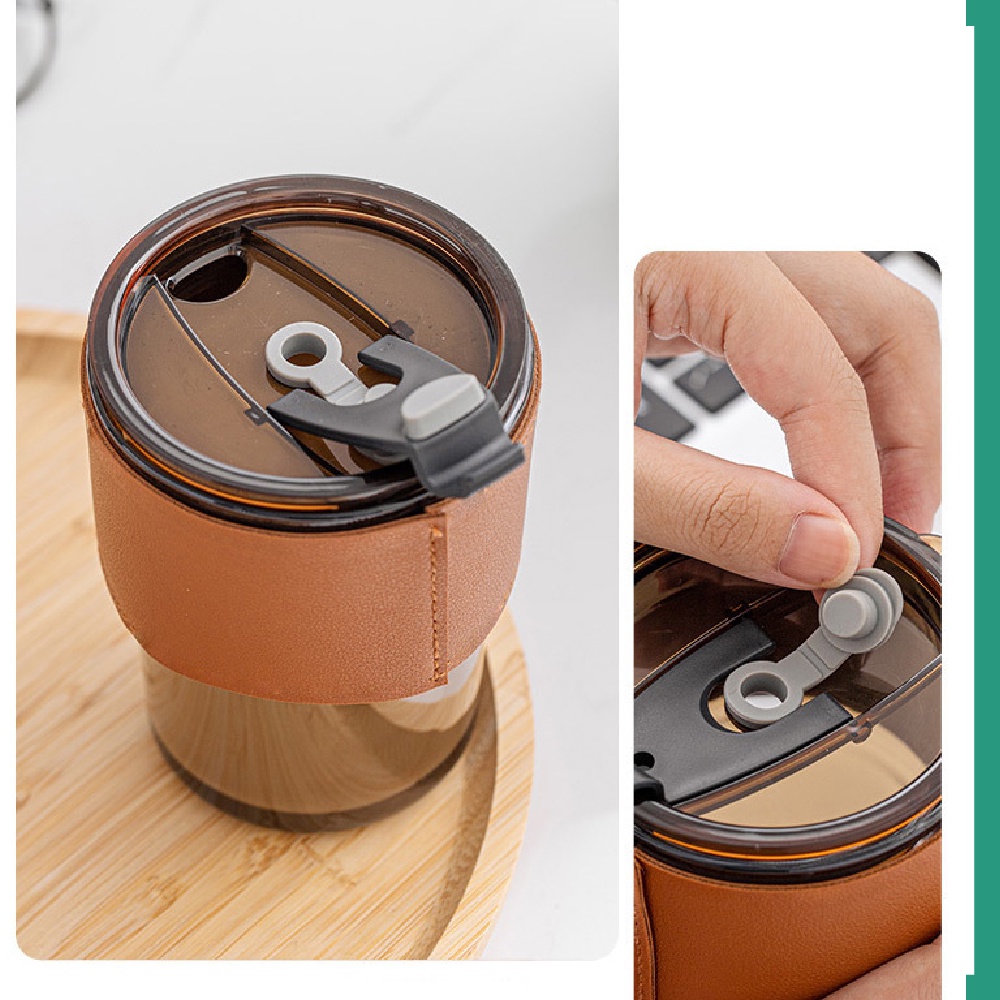 Ly cốc thủy tin có bao da kèm nắp ống hút 450ml