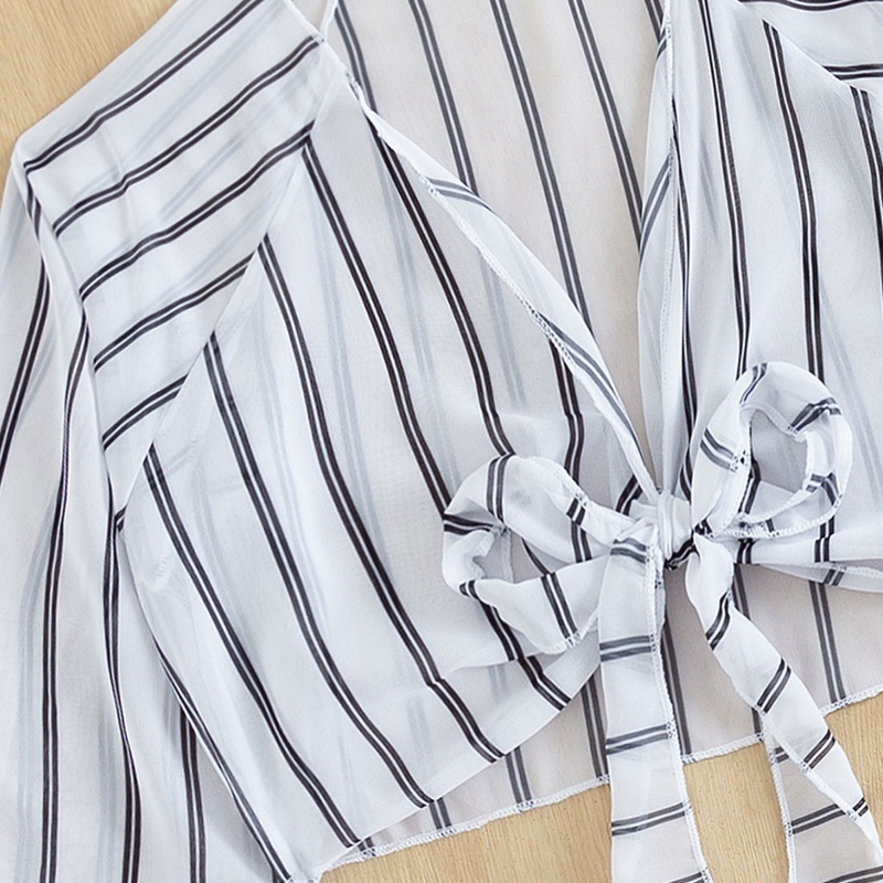 Áo Khoác Cardigan Cổ V Tay Dài Phồng Họa Tiết Kẻ Sọc Thời Trang Đi Biển Cho Nữ