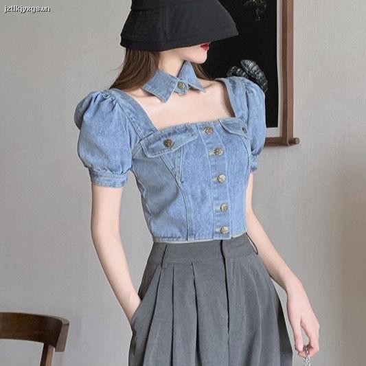 Áo Sơ Mi Denim Tay Phồng Cổ Vuông Lưng Cao Thời Trang Mùa Hè Cho Nữ