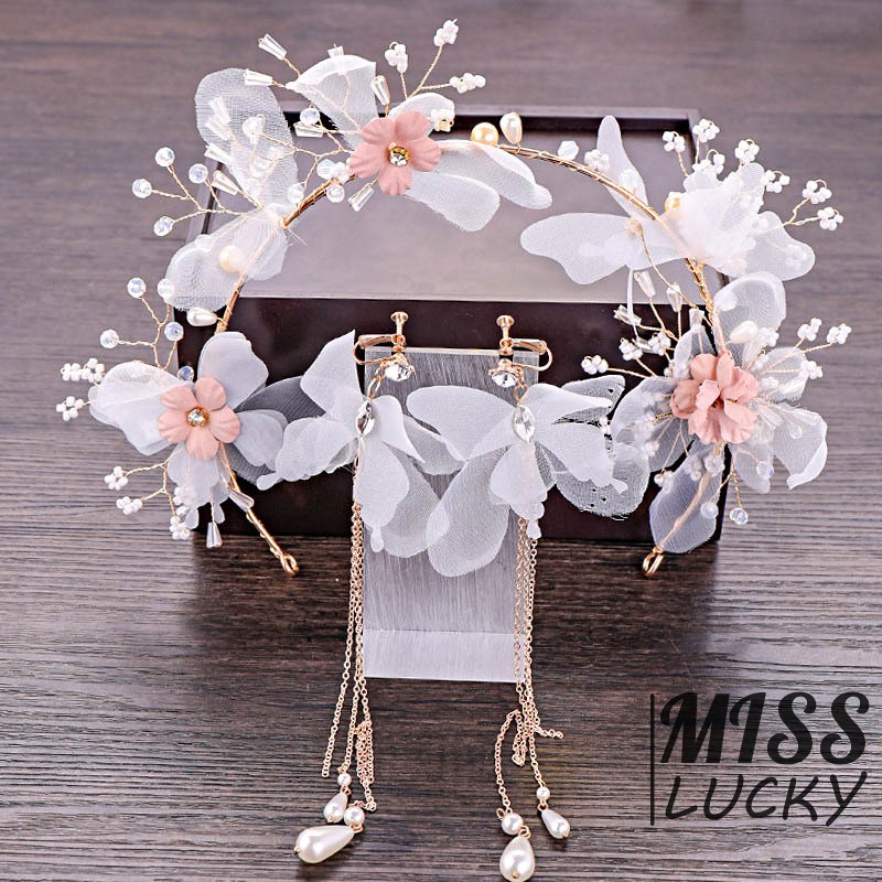 Set cài tóc + khuyên tai hoa đính đá phụ kiện trang trí cho cô dâu