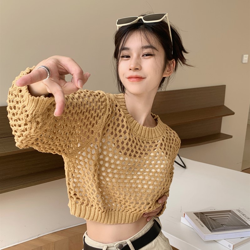 Áo croptop dài tay phối len đan cá tính A377