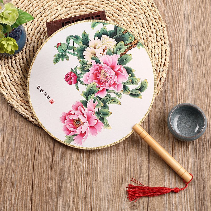 Quạt tròn cổ trang cán vàng in hình THUYỀN CÁ HOA ĐÀO MẪU ĐƠN SONG ĐIỆP DẢI LỤA BẠCH THIỂN cầm tay cosplay