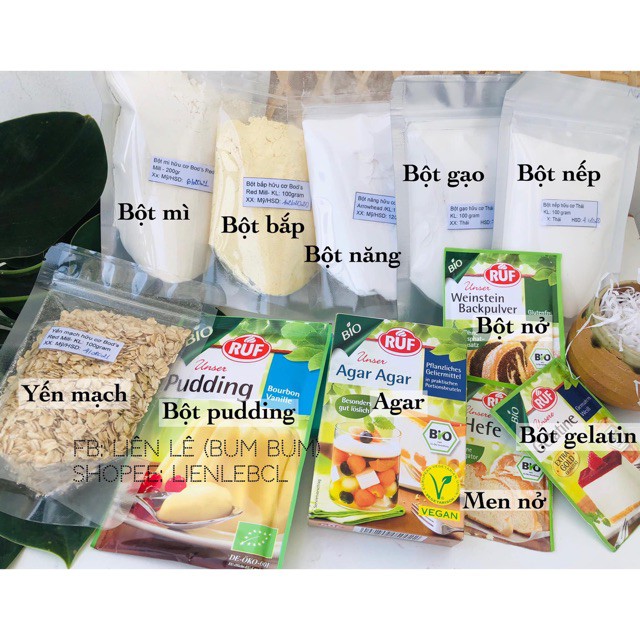 Bột hữu cơ làm bánh cho bé/ bột mì, bột bắp, bột năng, gelatin, pudding, bột nếp, bột nở, men nở, đường, bột gạo