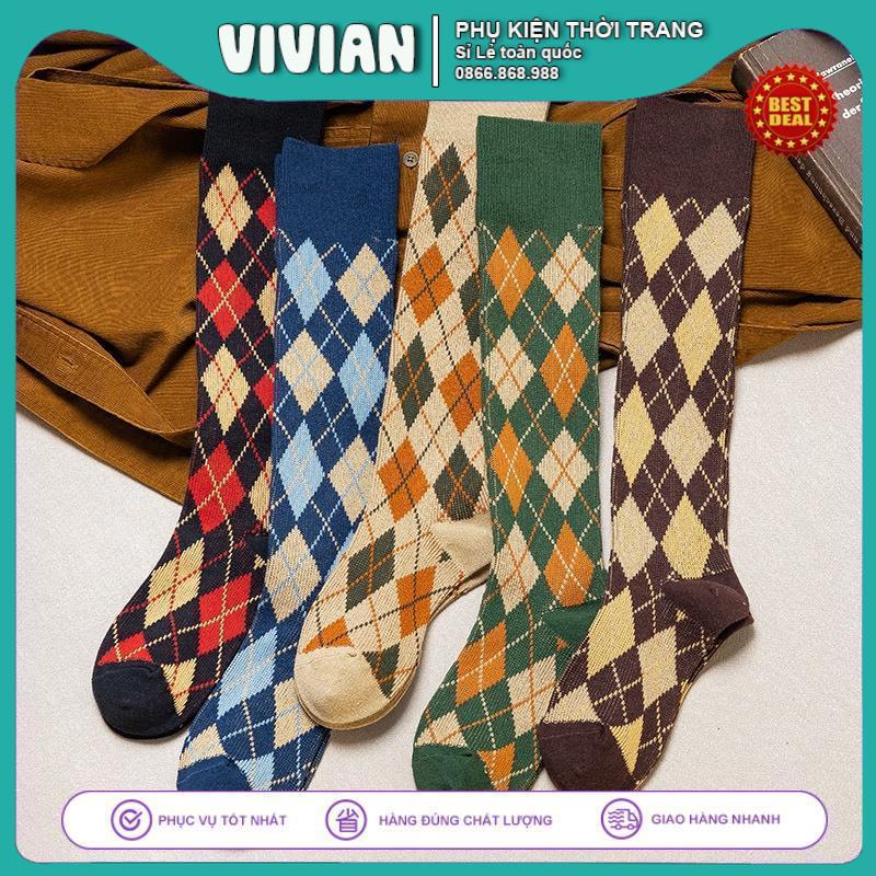 Vớ đùi nữ Vintage Cao cấp dài đêm gối Họa tiết quả trám với sợi Cotton cao cấp mềm và dày dặn