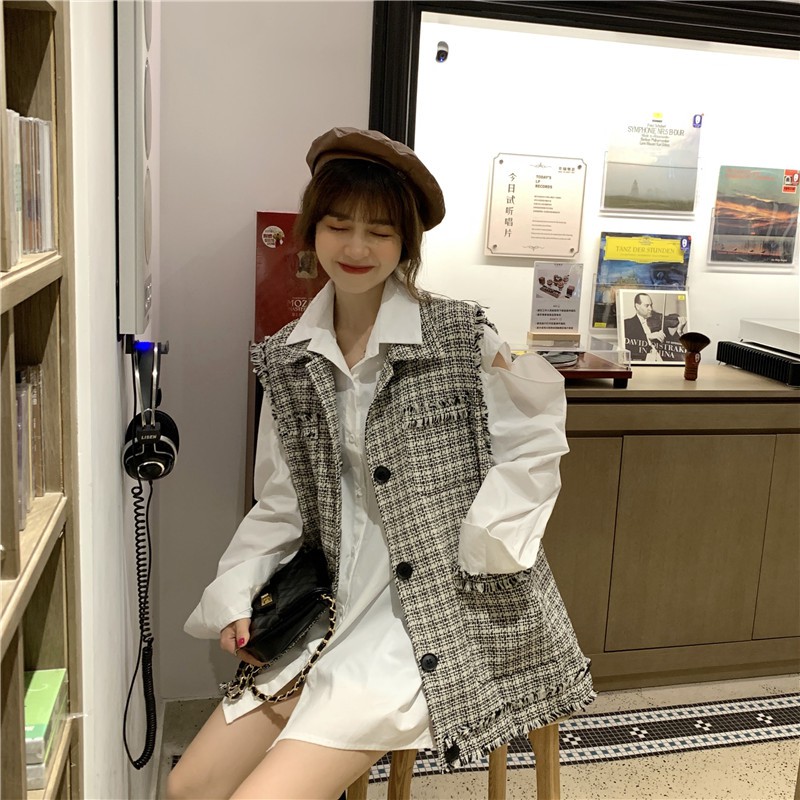 Áo vest, áo gile kẻ mix sơ mi Ulzang