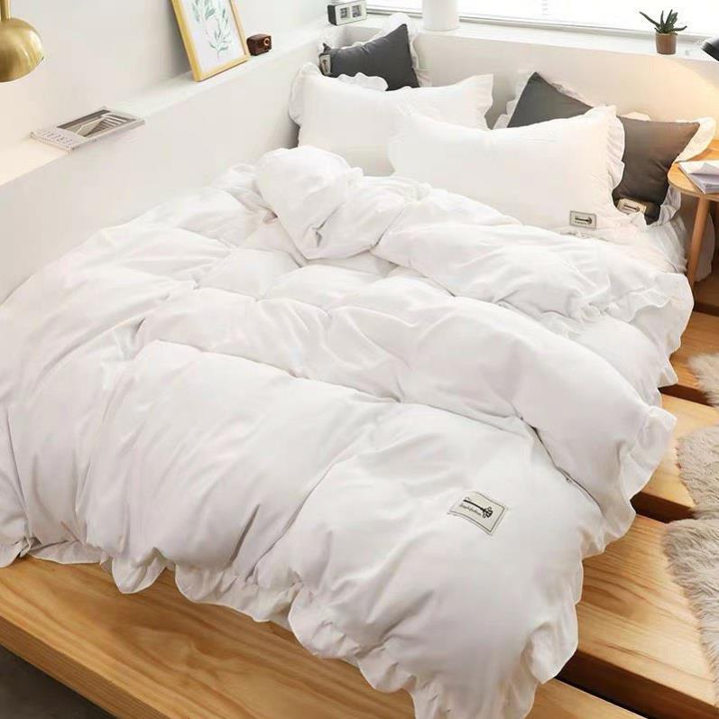 Bộ chăn ga gối cotton tici phối viền bèo xinh xắn, chất cotton thoáng mát không phai màu, không xù, miễn phí bo chun