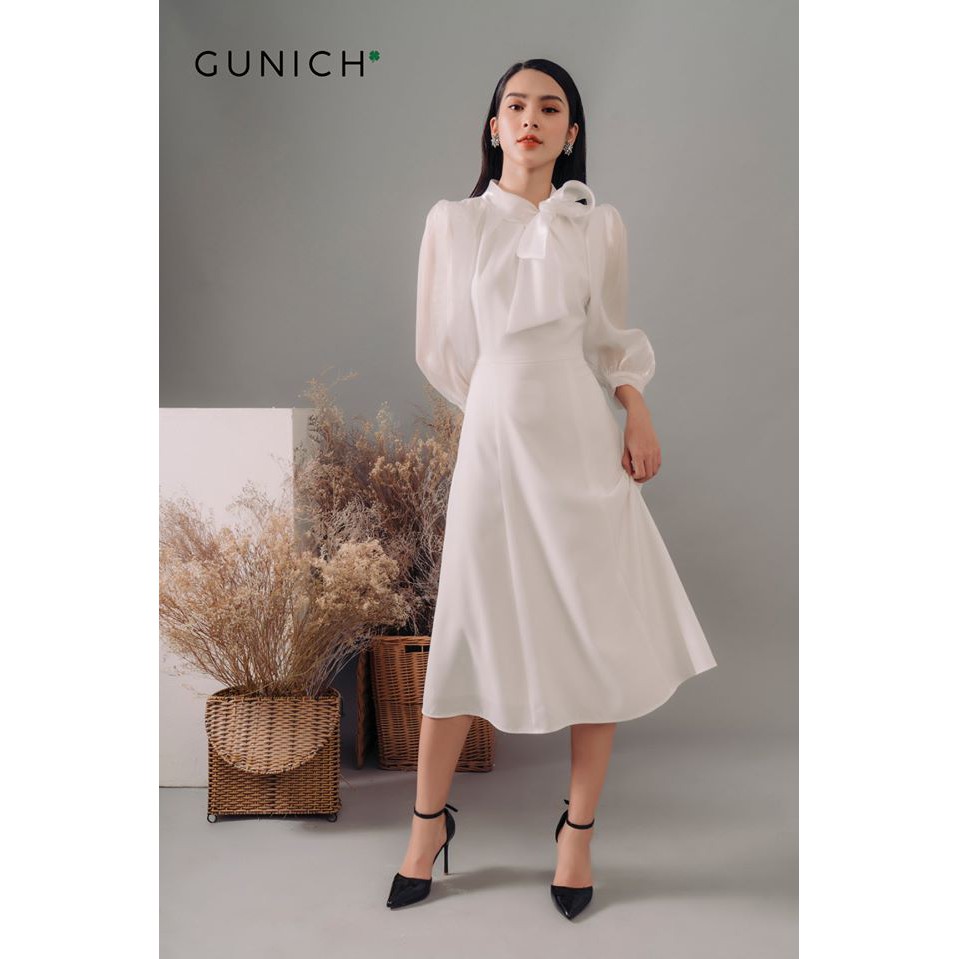 Đầm lụa trắng nơ cổ Gunich