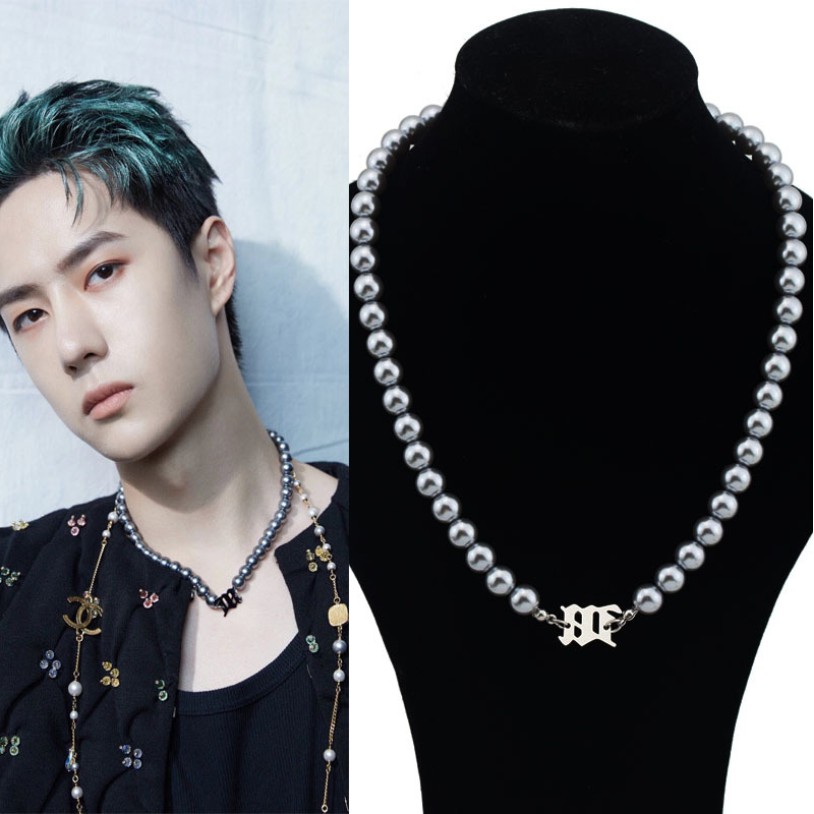 Vòng cổ Choker Ngắn Đính Ngọc Trai Xám Kpop Cpop Wang YIBO Cho Nam Và Nữ
