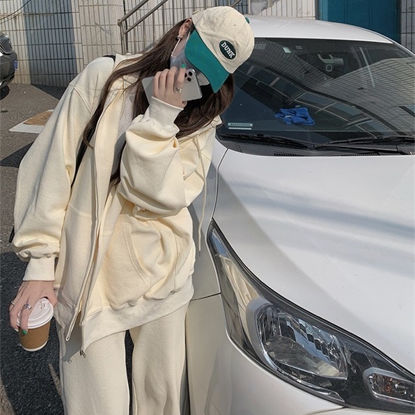 Set áo khoác tay dài và quần dài dáng rộng thời trang mùa thu dành cho nữ