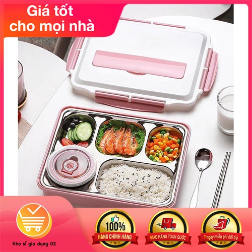 Hộp Đựng Cơm Văn Phòng Khay Inox 5 Ngăn Có Bát Để Canh Bọc Nhựa Bên Ngoài, Có Giá Để Điện Thoại - Tặng Kèm Thìa Đũa Inox
