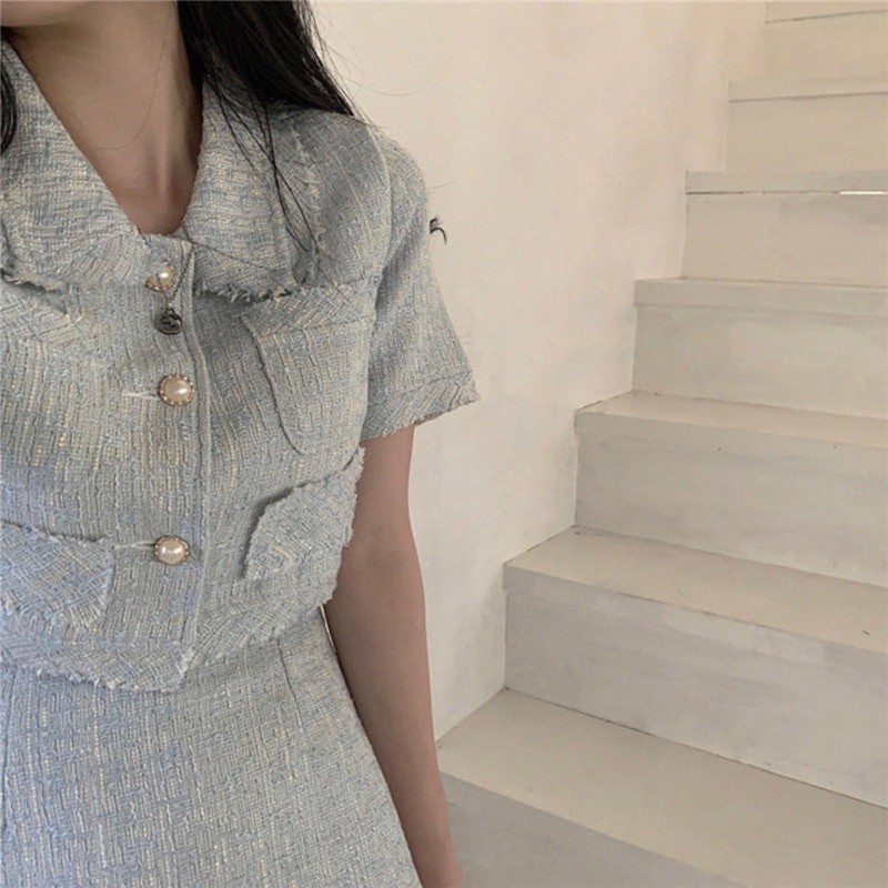 [SẴN S-Có ảnh thật] Set áo+ chân váy dạ tweed xanh babyblue nút ngọc vintage SAM SAM BOUTIQUE | BigBuy360 - bigbuy360.vn