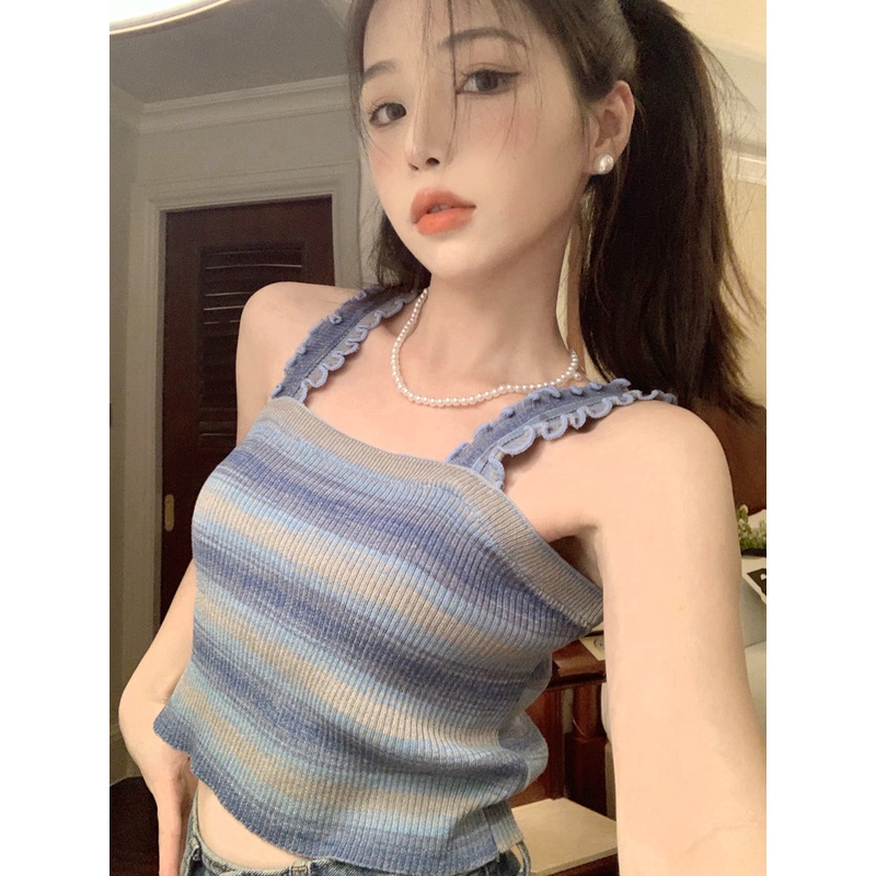 Áo yếm dệt kim ZHELIHANGFEI họa tiết vân kẻ sọc thời trang