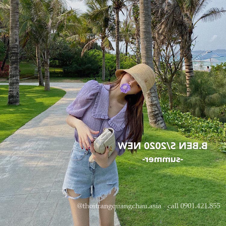 Áo Sơ Mi Tím Cổ Búp Bê Chất vải Rượu “Style” Mã QC84