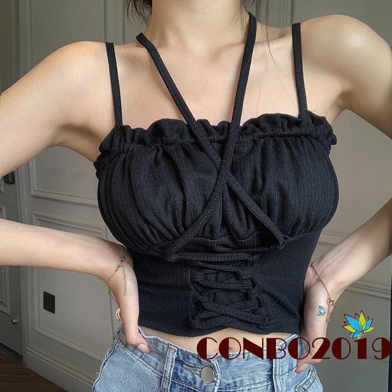 Áo hai dây Cổ Thuyền Hở Rốn Màu Trơn Thời Trang Gợi Cảm Cho Nữ