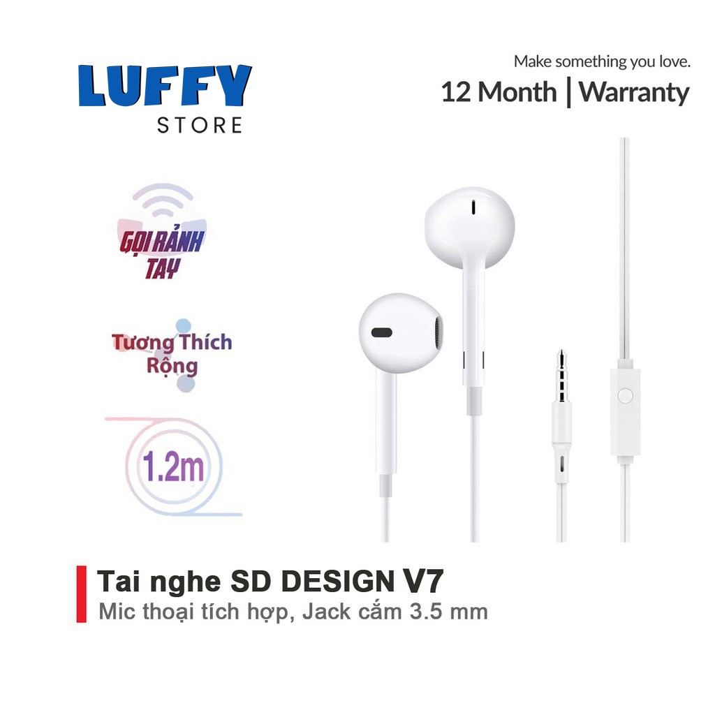 Tai Nghe dây Nhét Tai SD Design V7 tương thích các dòng điện thoại jack 3.5mm, có mic bảo hành Chính Hãng 1 đổi 1