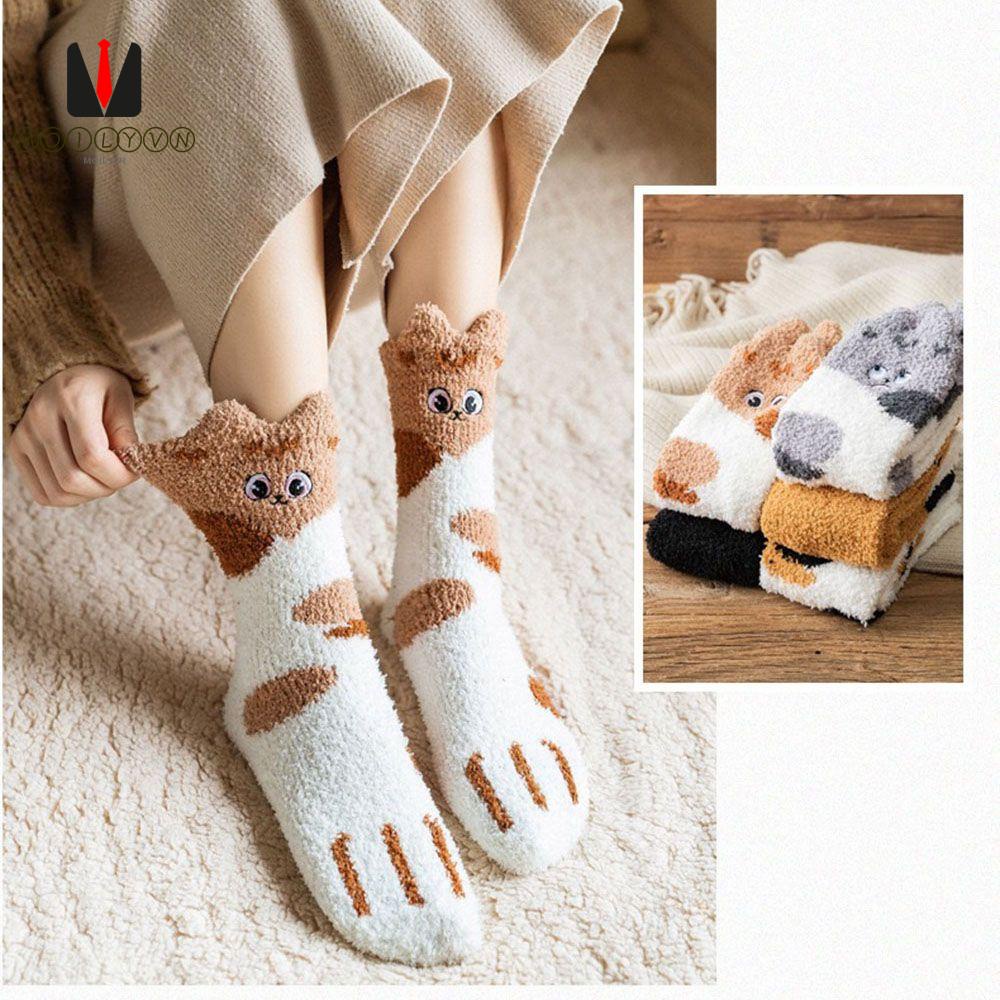 Vớ nhung san hô giữ ấm đi ngủ mùa đông dày dặn hình bàn chân mèo con dễ thương xinh xắn