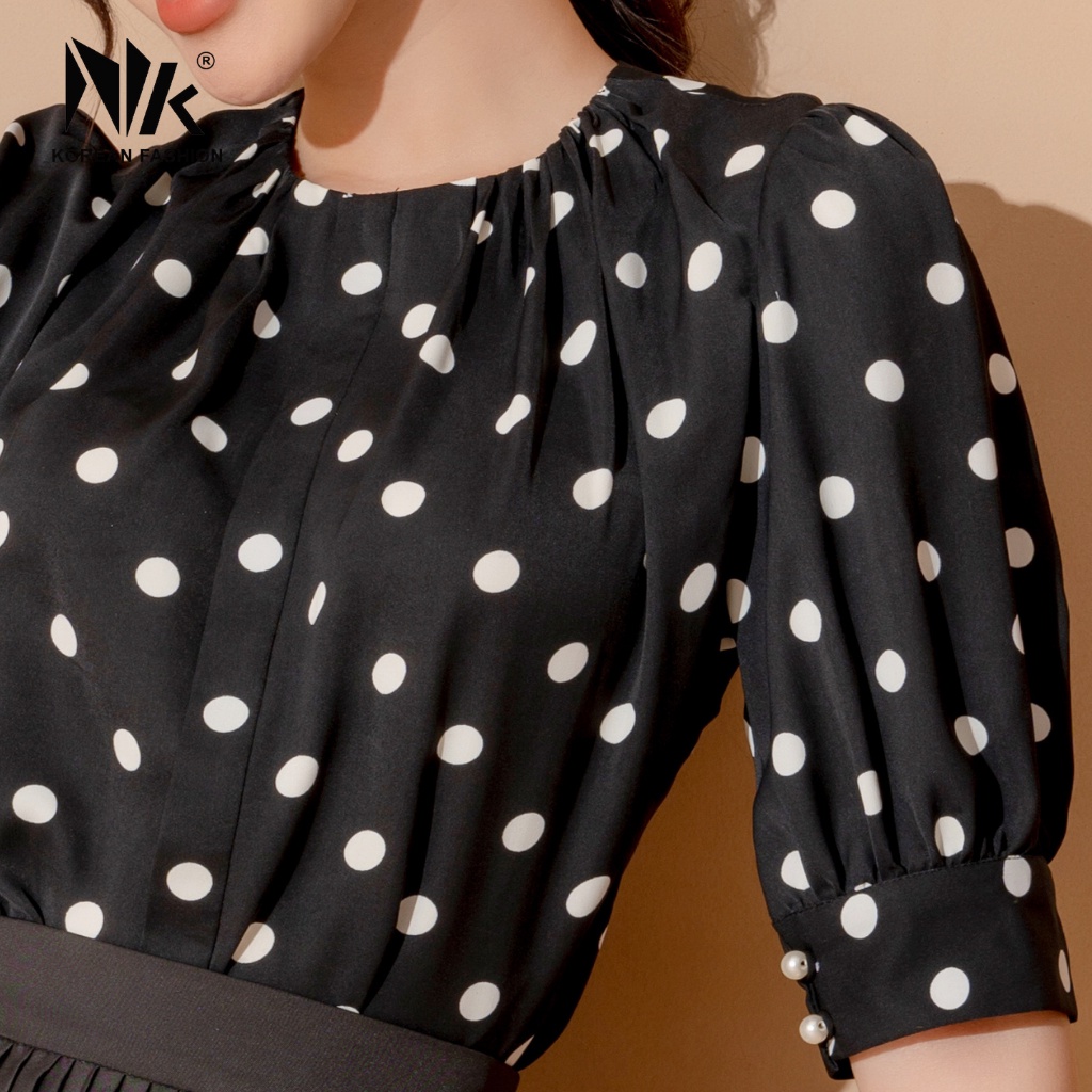 Áo Sơ Mi Nữ Công Sở Tay Lỡ NK Fashion Cổ Nhún Họa Tiết Chấm Bi, Chất Liệu Nhập Hàn Cao Cấp Mềm Mịn NKSM2107009