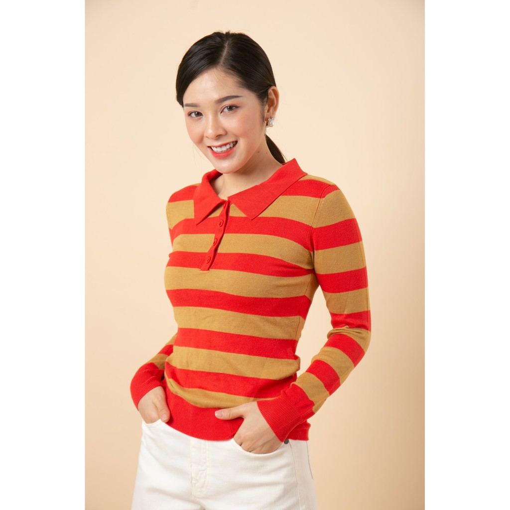 Áo Len Bẻ Cổ Cài Nút Tay Dài Sọc Ngang