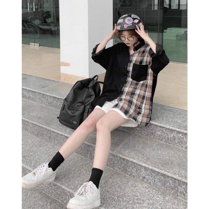 Áo Sơ Mi Nữ Phối Caro Kẻ Nâu form rộng freesize hucott