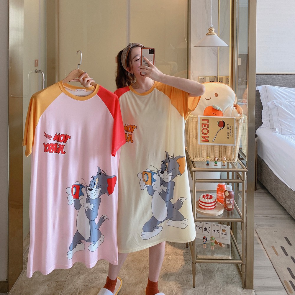 Bộ đồ ngủ cotton hoạt hình thoải mái và dễ thương, váy ngủ ngắn tay | BigBuy360 - bigbuy360.vn
