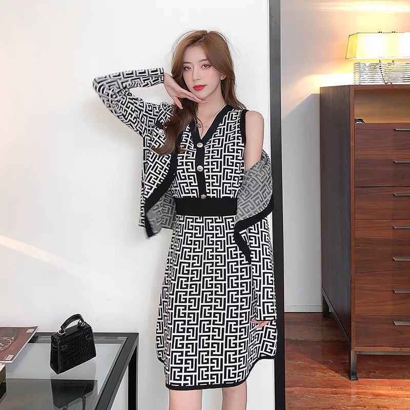 Set Đầm Len Kèm Áo Khoác Cardigan Họa Tiết Kẻ Thương Hiệu Hàng Nhập Quảng Châu Cao Cấp