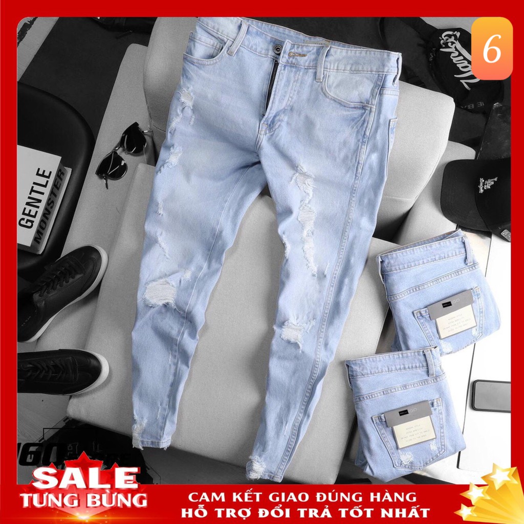 Quần jeans nam vá da boy phố rách gối màu xanh nhạt chất liệu bò co dãn 4 chiều form dáng skinny đẹp lavado Q81 mẫu mới