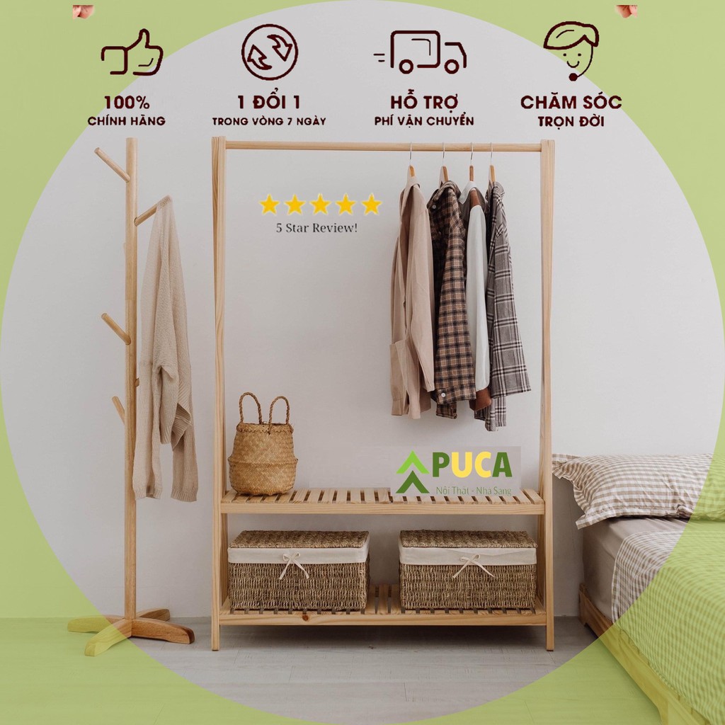 [𝗖𝗼̛̃ 𝗟𝗼̛́𝗻] Kệ treo đồ chữ A 2 tầng (dài 100cm) gỗ thông Newzealand cao cấp, giá quần áo decor  PUCA kiểu Hàn Cao Cấp