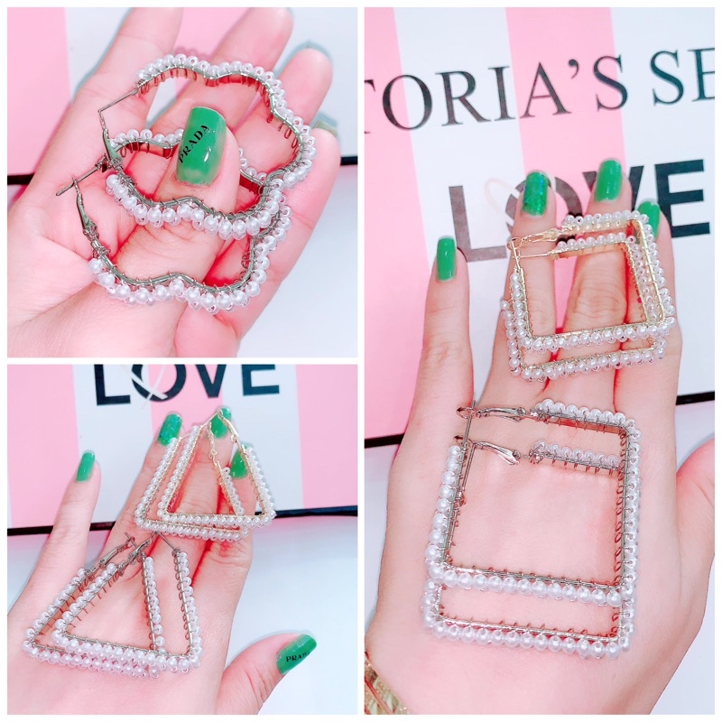 bông tai hình học đính châu sang chảnh, khuyên tại phong cách hàn quôc