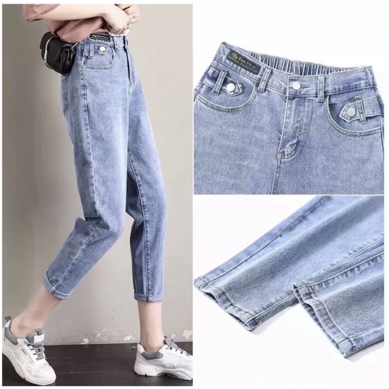 QUẦN BAGGY JEAN NỮ LƯNG CAO MÀU XANH CÓ BO CHUN SIÊU TIỆN LỢI thời trang | BigBuy360 - bigbuy360.vn