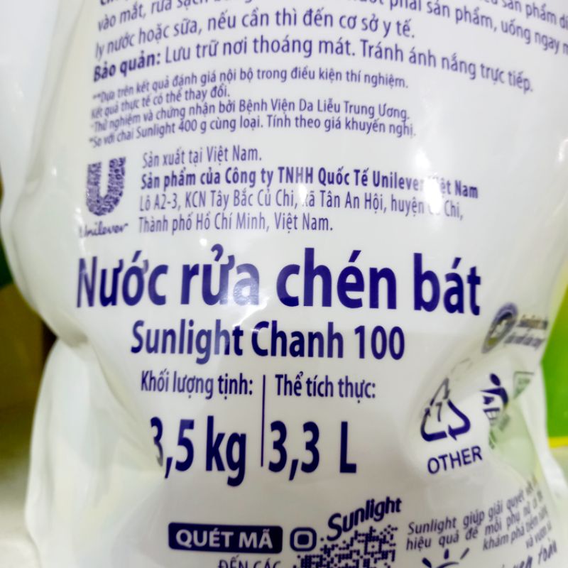 Nước rửa chén Sunlight túi vòi 3.5kg hương chanh tự nhiên sạc nhanh, xả bọt nhanh