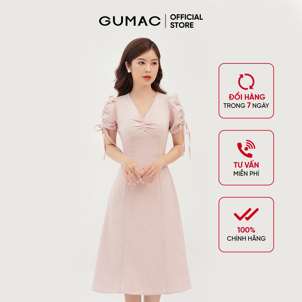 Đầm nữ dáng chữ A nhún ngực và tay GUMAC màu hồng thanh lịch, sang trọng DB322 | BigBuy360 - bigbuy360.vn