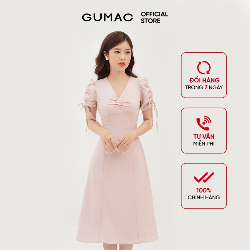 [Mã WABRGU72 giảm 10% tối đa 50k đơn 250k] Đầm nữ dáng chữ A nhún ngực và tay GUMAC màu hồng sang trọng DB322