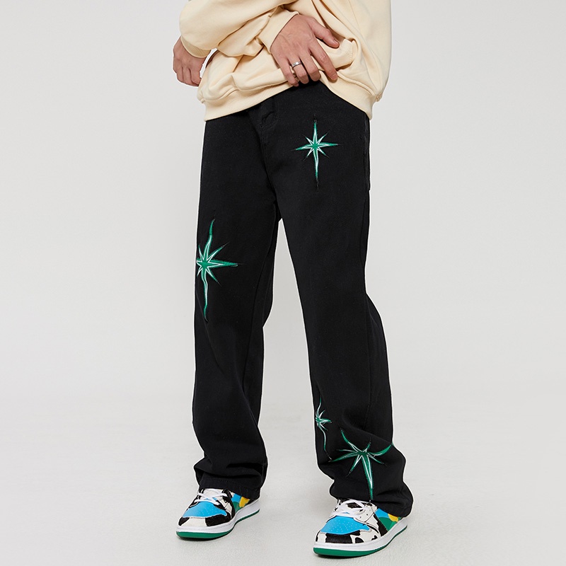Quần Ống Đứng Thêu Hình Ngôi Sao Phong Cách Hip Hop Mỹ Size M-2XL Cho Nam