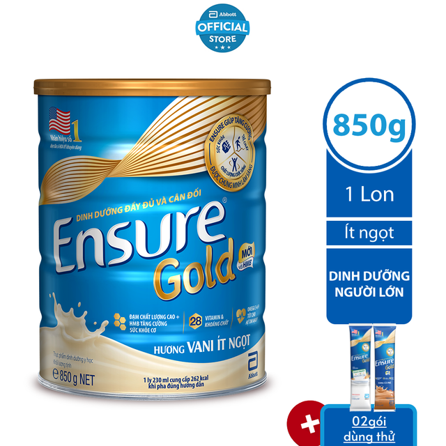 [Tặng 2 gói dùng thử bất kì] Sữa bột Ensure Gold Ít ngọt (HMB) 850g