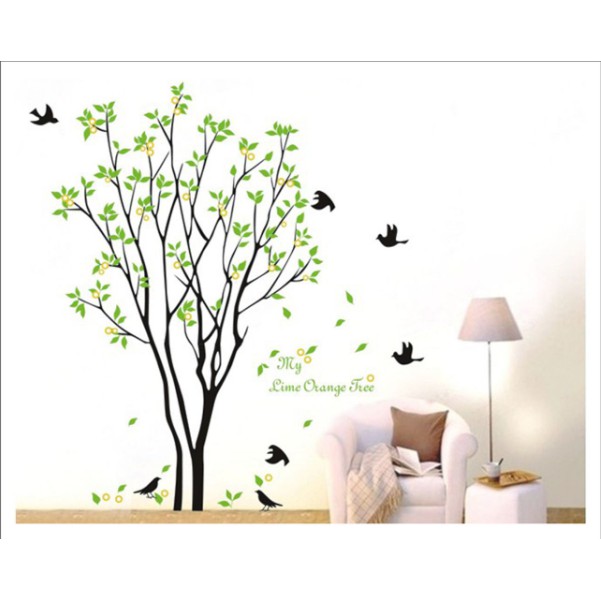 Decal trang trí tường Cây xanh lá Chim Đen