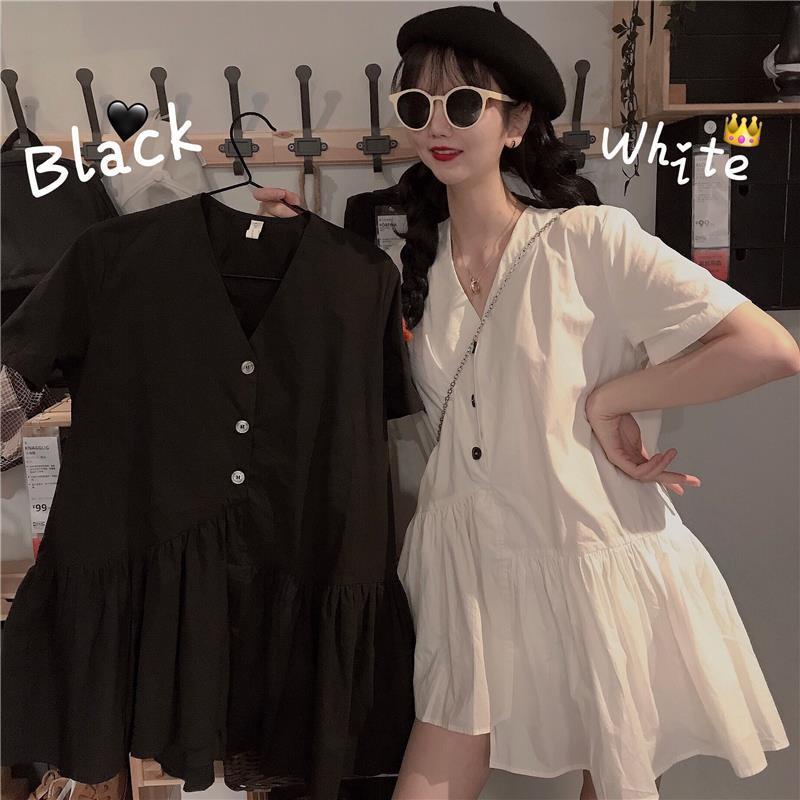 Đầm Tay Ngắn Cổ Chữ V Dáng Rộng Thiết Kế Lệch Tà Phong Cách Hàn Quốc Thời Trang Mùa Hè Hàng Mới Dành Cho Bạn Nữ 2021