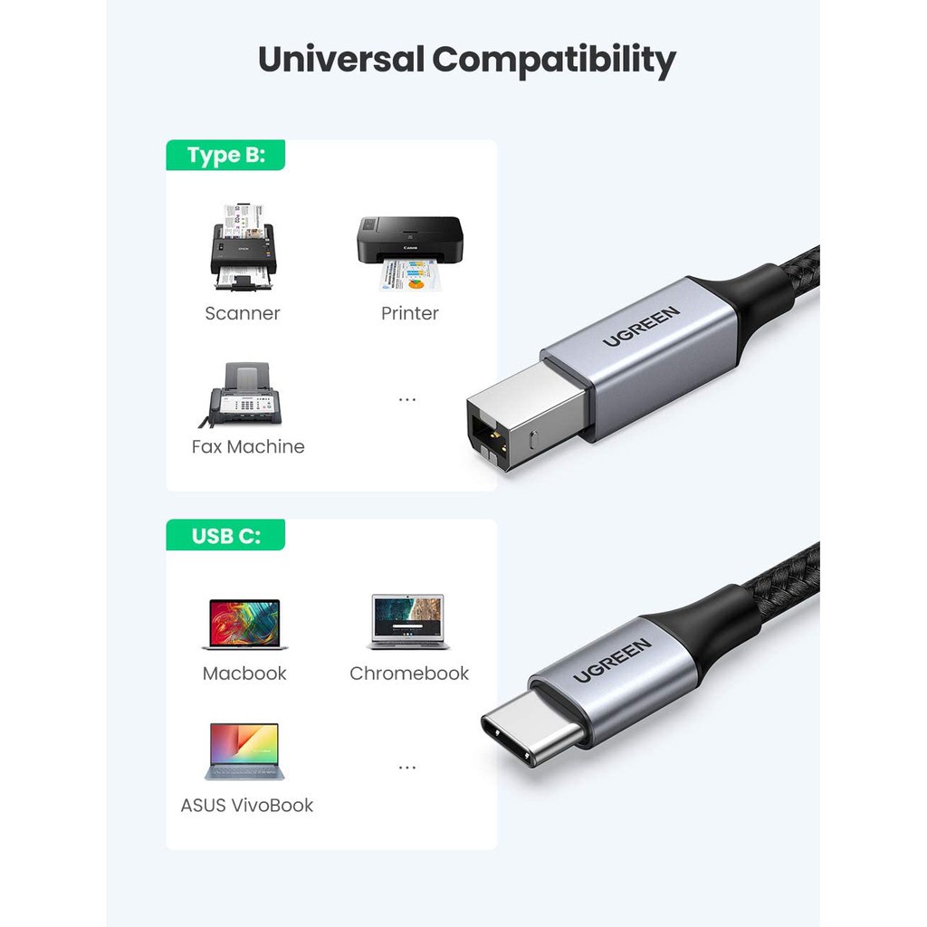 Dây máy in hỗ trợ cổng USB type C sang USB B dài 1-3m UGREEN US370