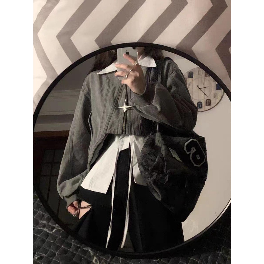 Áo Khoác Denim Dáng Rộng Ngắn Viền Cong Màu Trơn Phối Khóa Kéo Trẻ Trung Cho Nữ