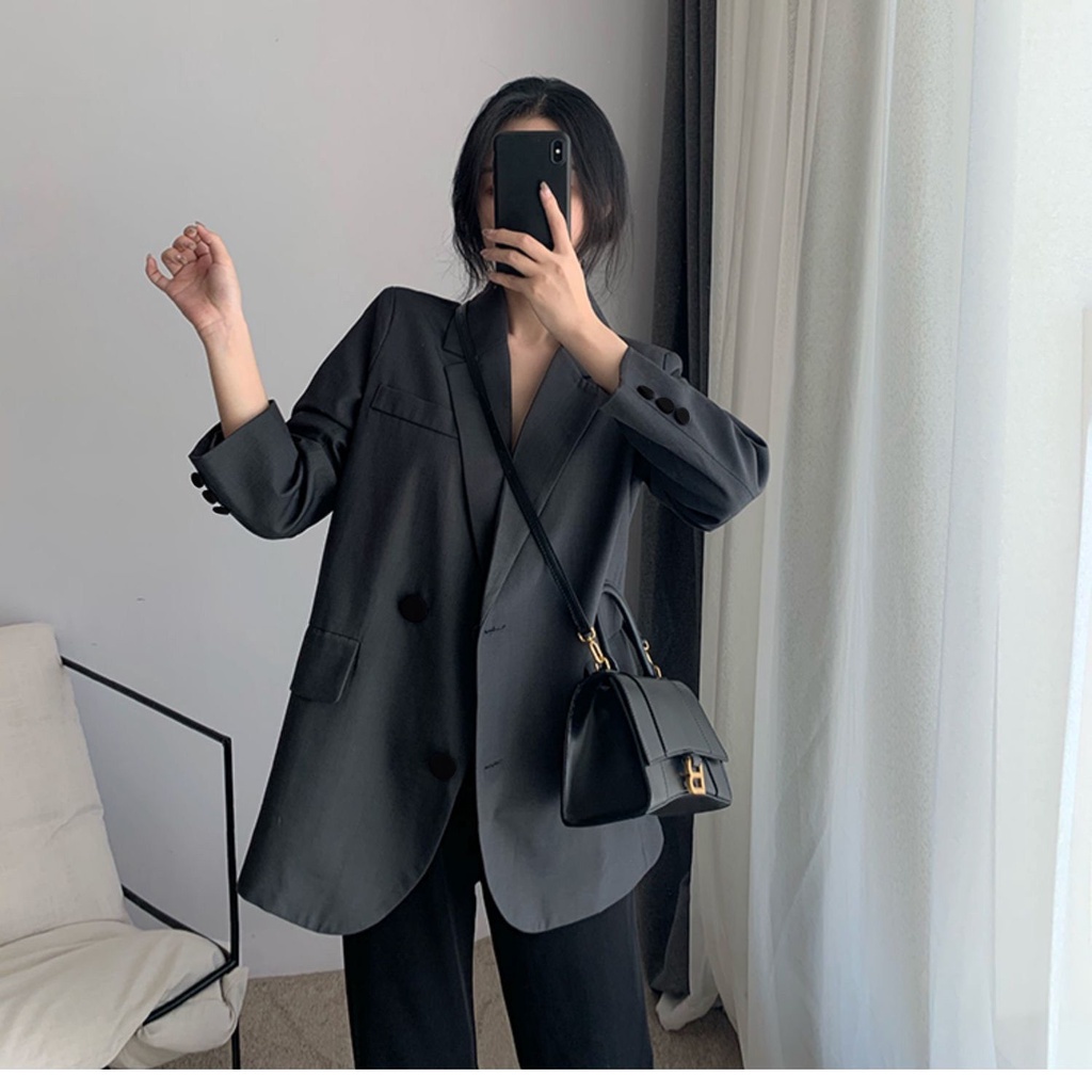 Áo khoác vest dáng dài màu xám phong cách retro Hàn Quốc thời trang xuân thu cho nữ