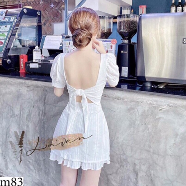 Đầm đũi tay phồng cổ vuông cột nơ lưng có mút ngực sexy sang chảnh
