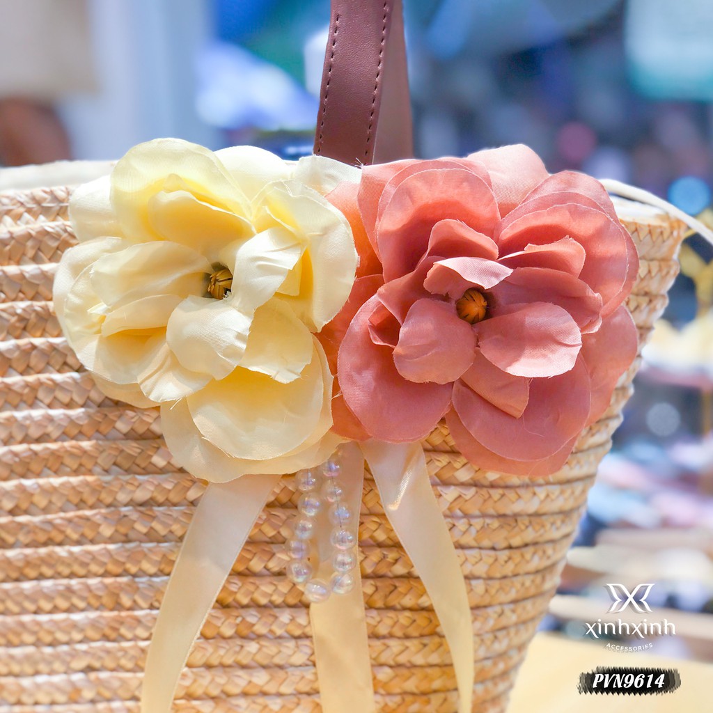 Túi cói hoa trà quai da cao cấp