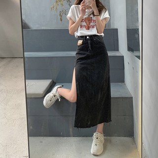 🎁 + Chân Váy Denim Lưng Cao Xẻ Tà Quyến Rũ Cho Nữ