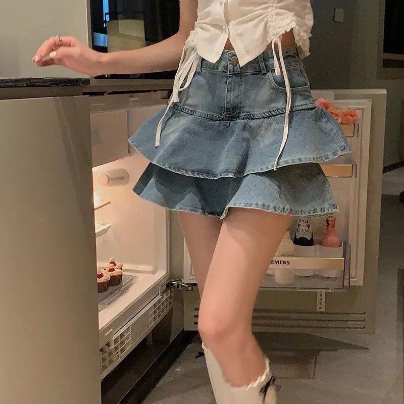 Chân Váy Jean MIRA.CLOSET, Dáng Ngắn Xoè Lưng Cao 2 Tầng C049
